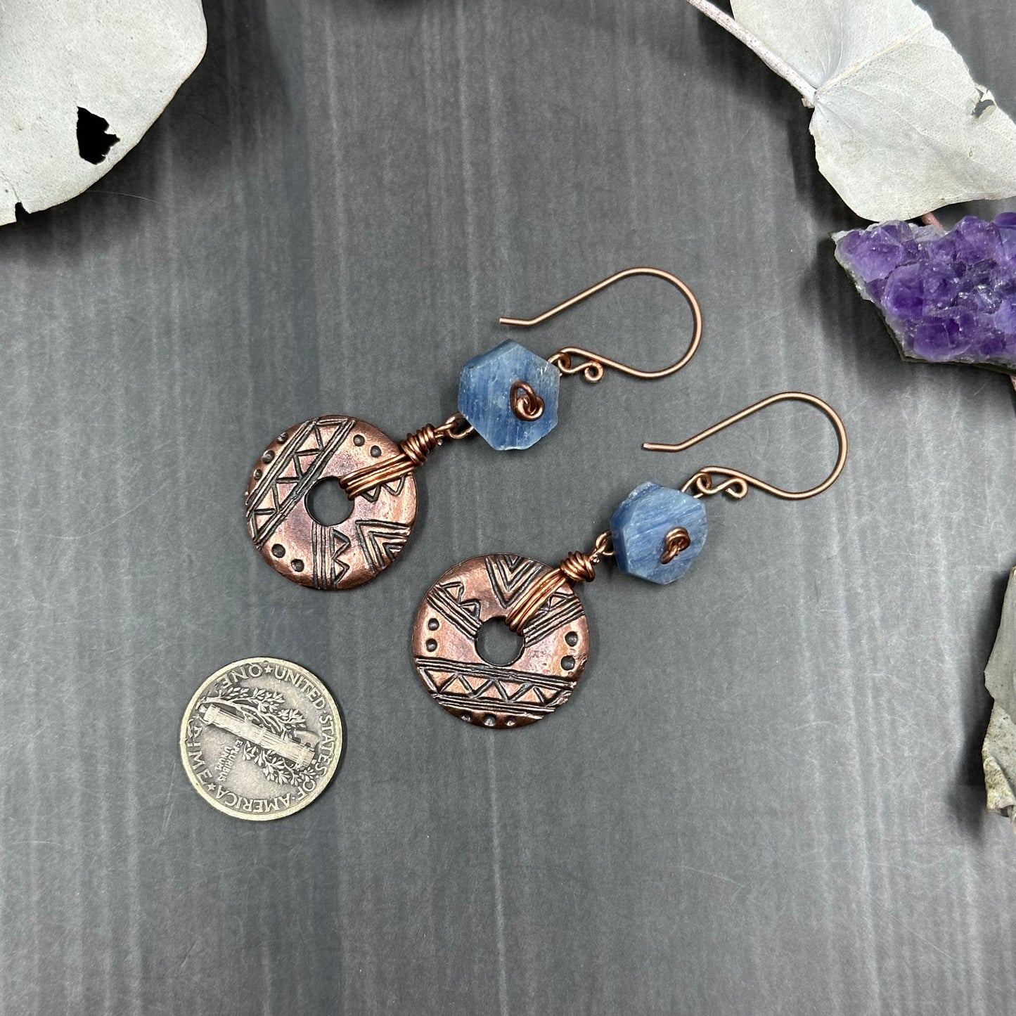 Blue Kyanite Roses and Greek metal donut earrings in copper