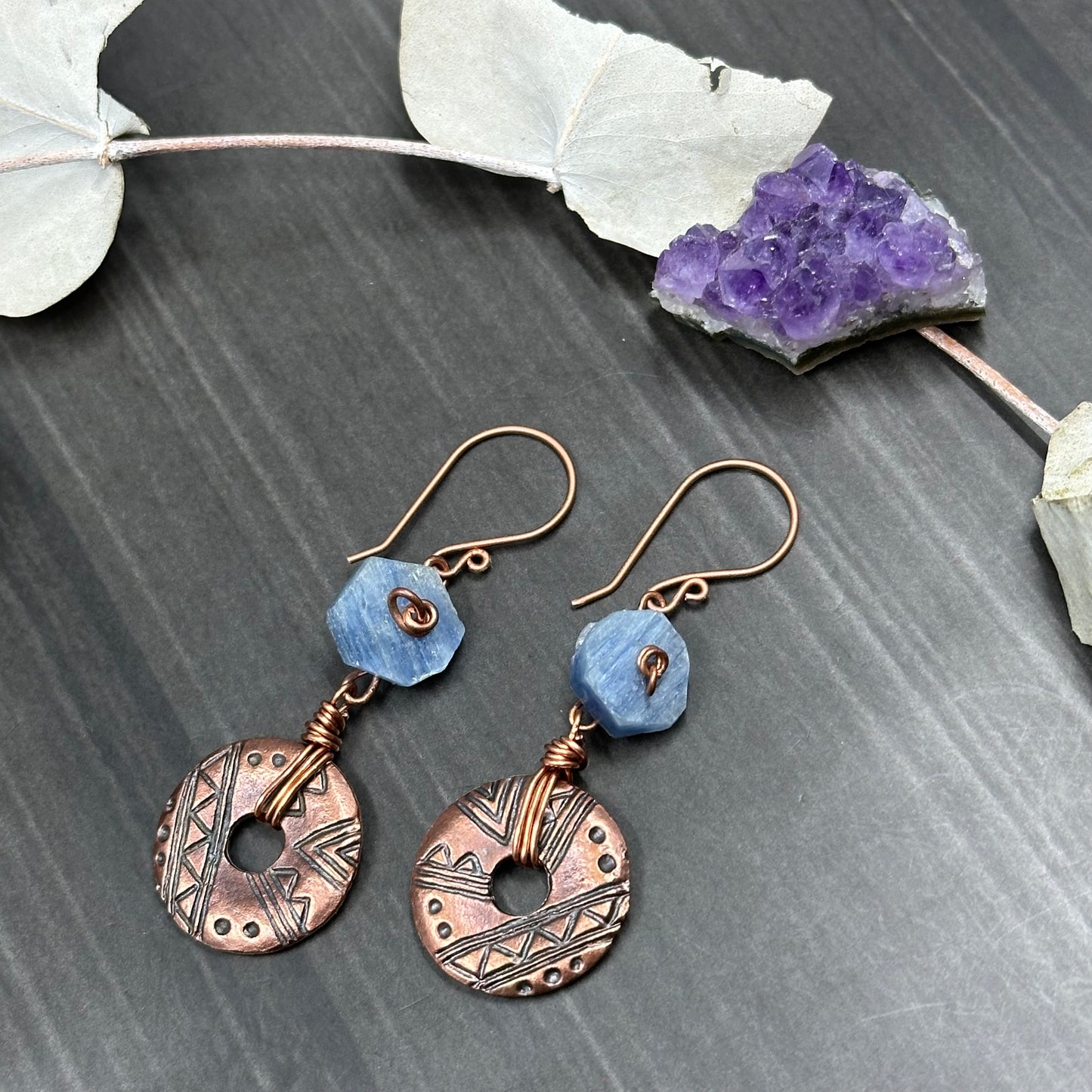 Blue Kyanite Roses and Greek metal donut earrings in copper