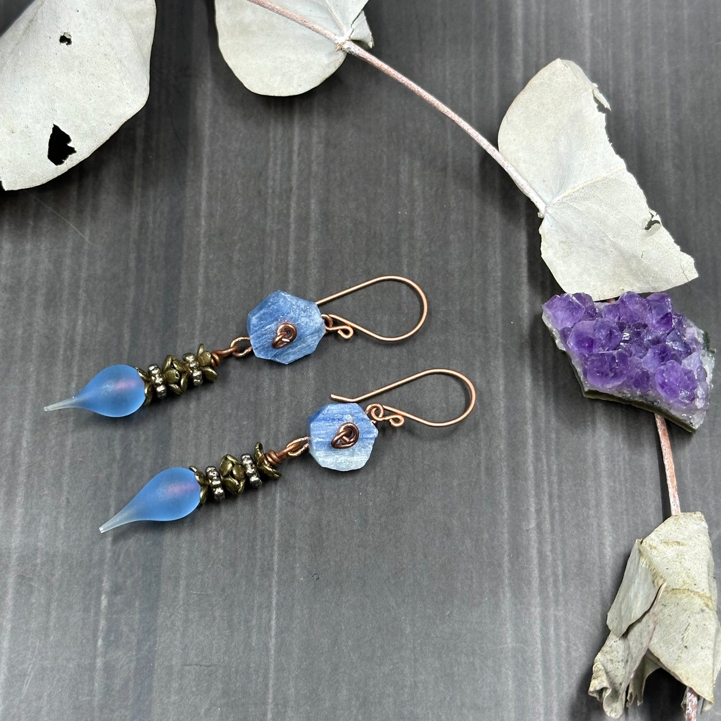 Kyanite roses and lampwork headpins in copper