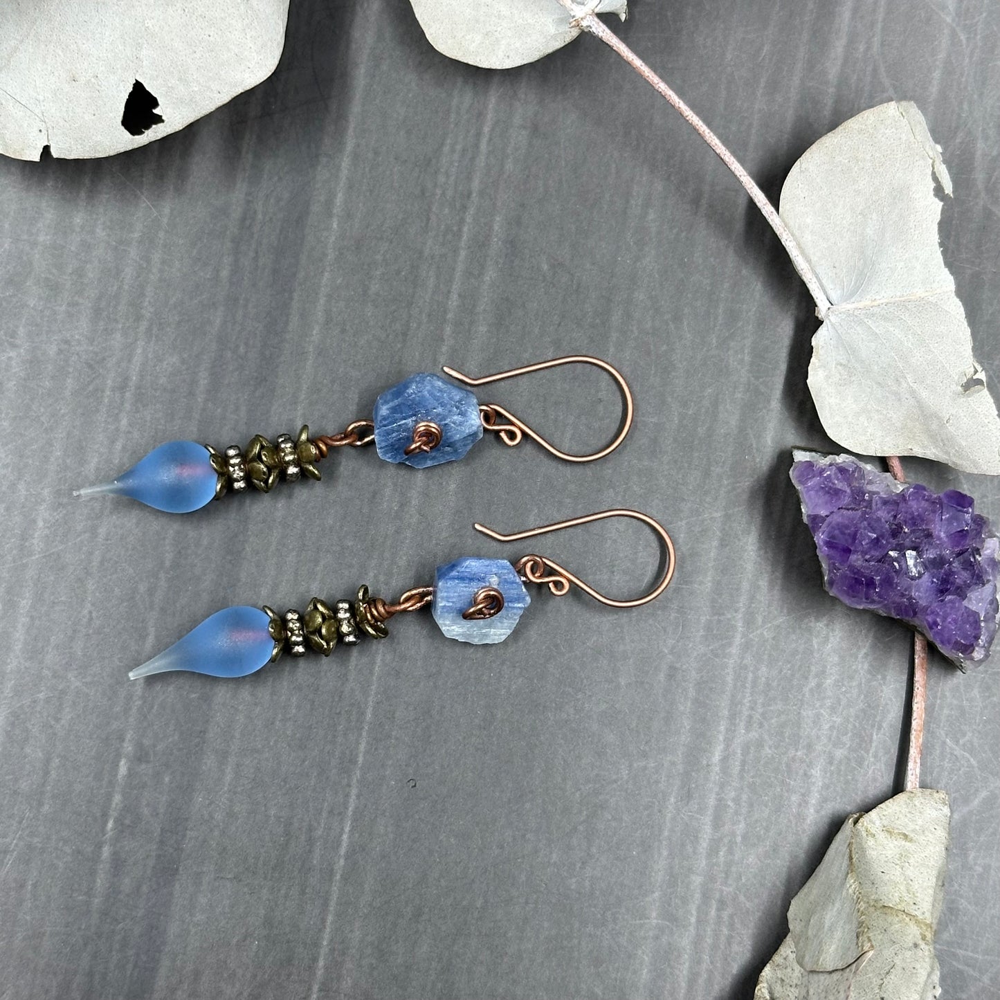 Kyanite roses and lampwork headpins in copper