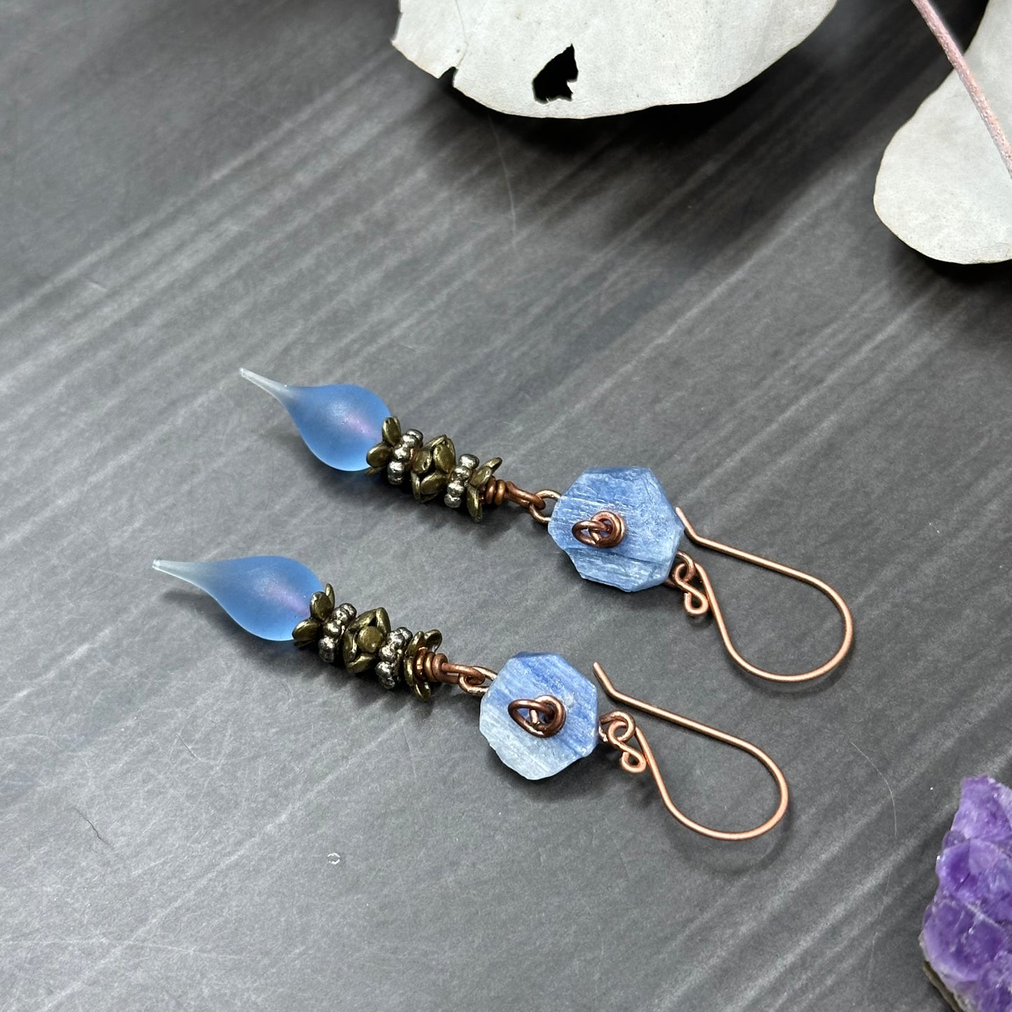 Kyanite roses and lampwork headpins in copper