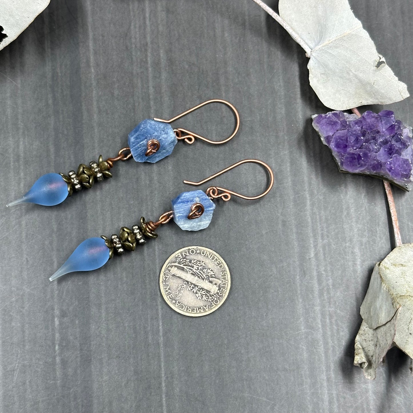 Kyanite roses and lampwork headpins in copper