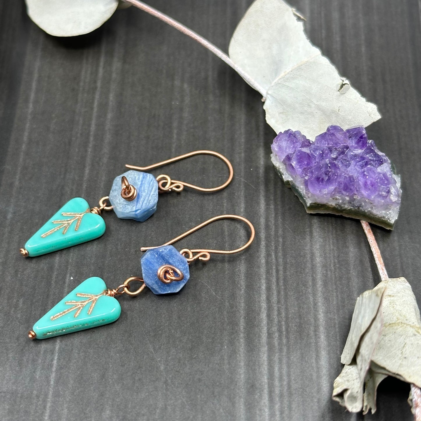 Kyanite rose earrings with czech heart leaves in copper