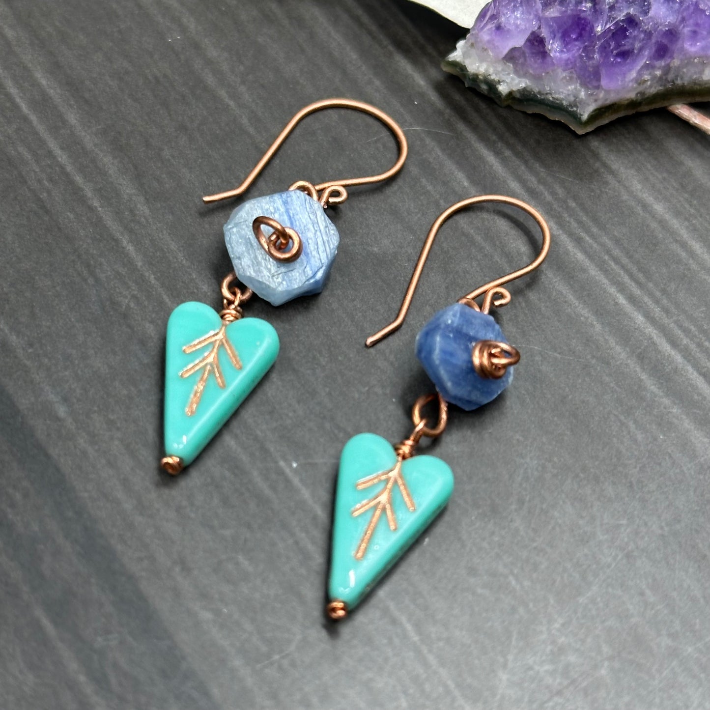 Kyanite rose earrings with czech heart leaves in copper