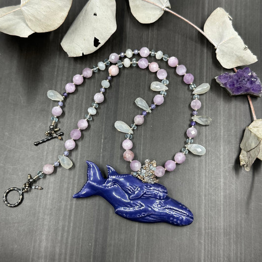 Kunzite, Aquamarine, and Moonstone Ceramic Whale Necklace