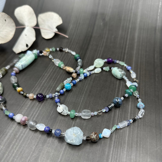 40" Long Eclectic Gemstone Necklace in Light Blue