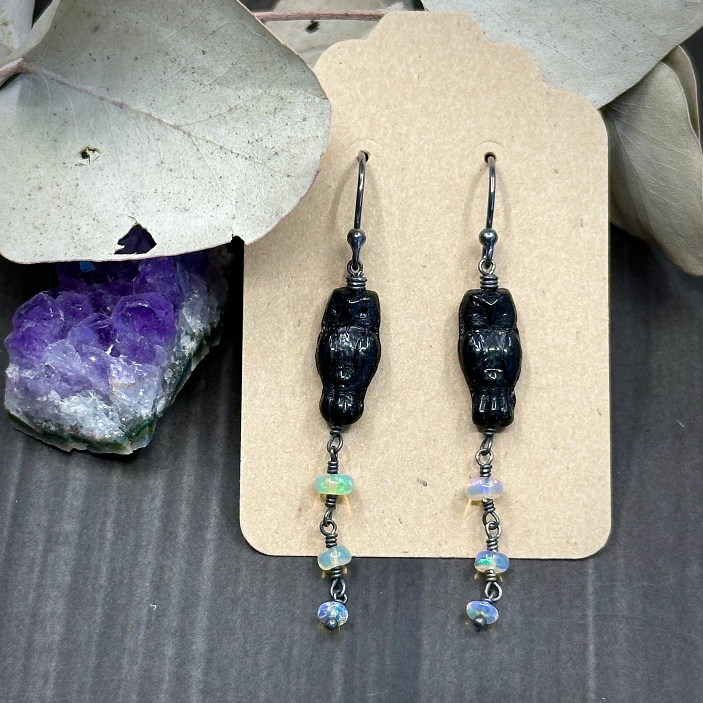 Black czech glass owl earrings with Ethiopian Opals in Sterling Silver