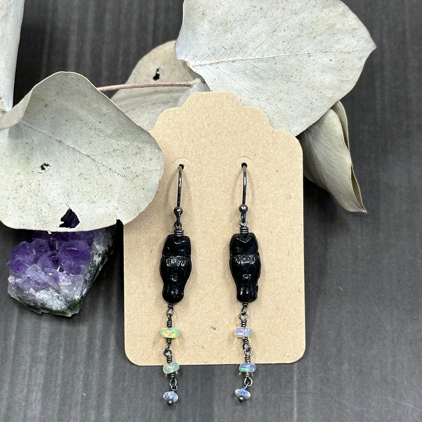 Black czech glass owl earrings with Ethiopian Opals in Sterling Silver