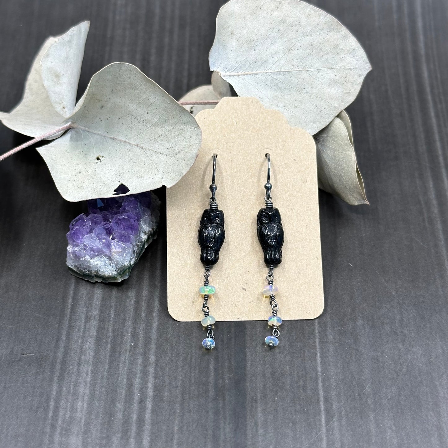 Black czech glass owl earrings with Ethiopian Opals in Sterling Silver