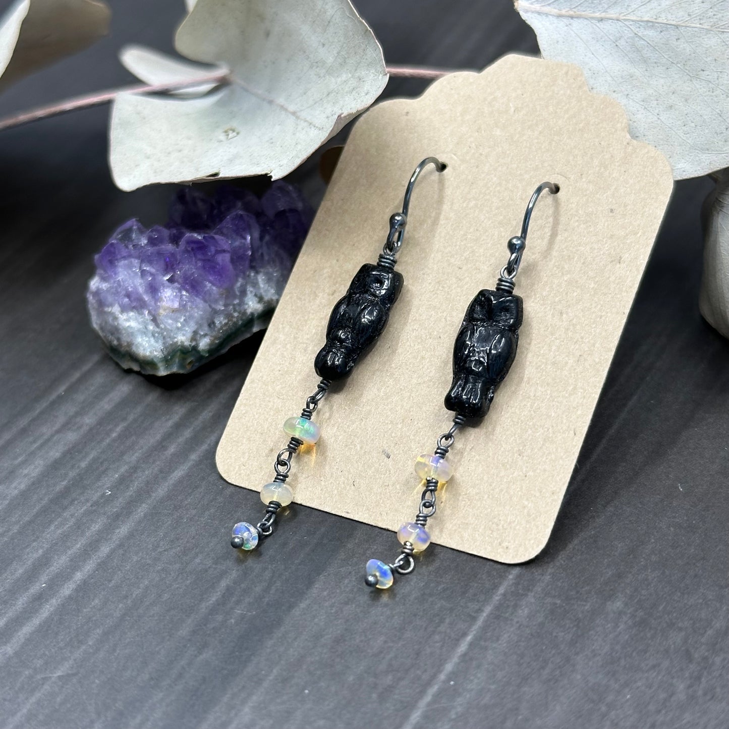 Black czech glass owl earrings with Ethiopian Opals in Sterling Silver