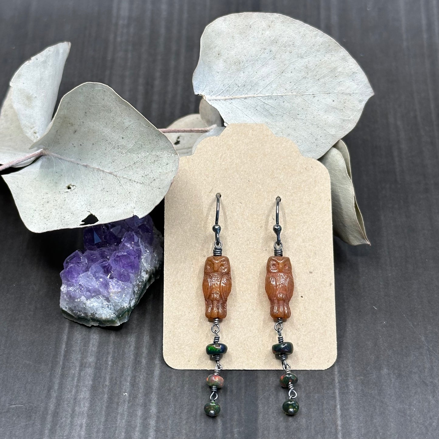 Czech glass owls and black opal earrings in sterling silver