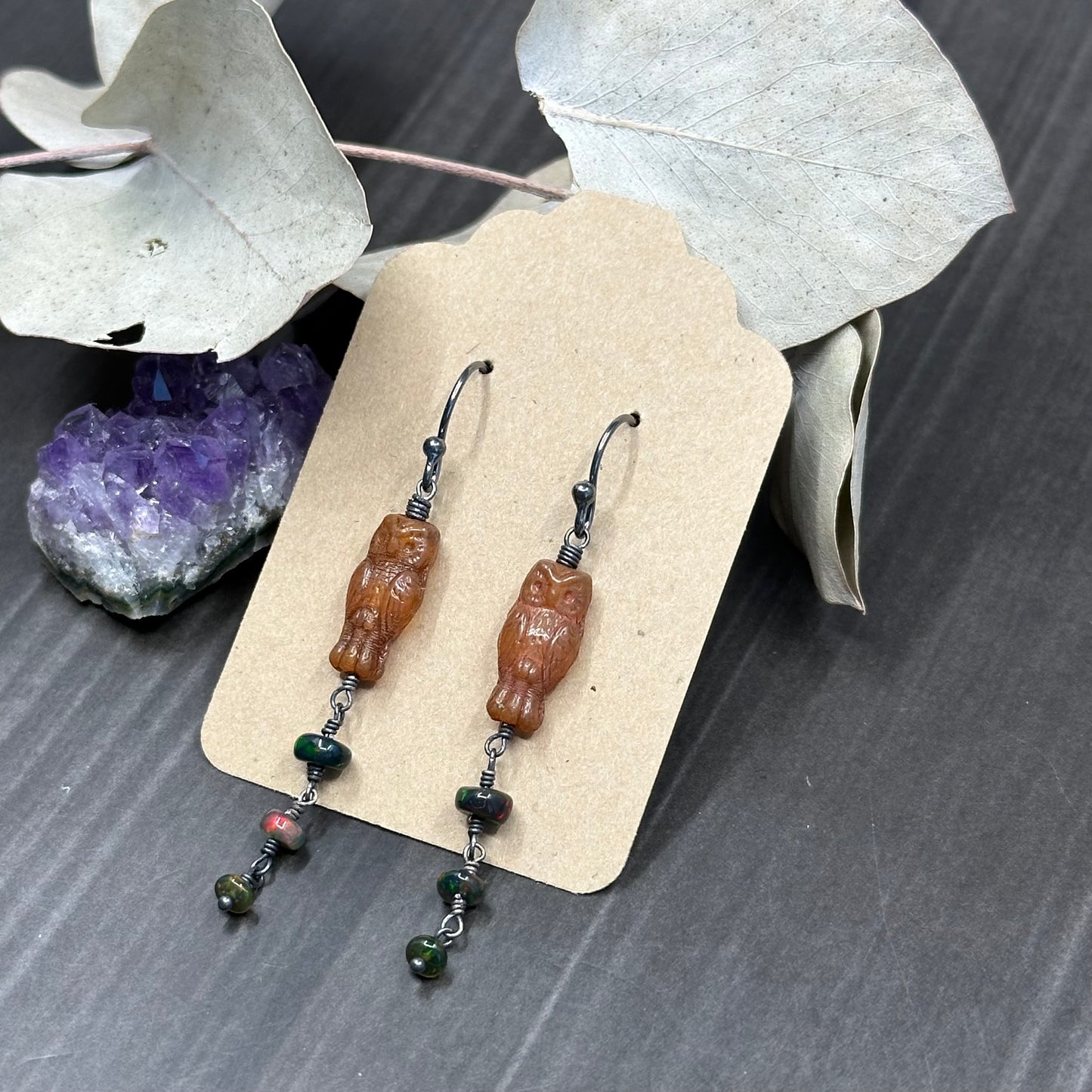 Czech glass owls and black opal earrings in sterling silver