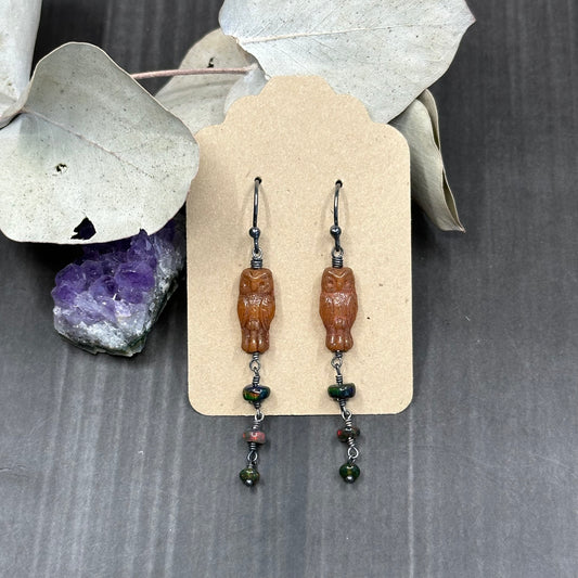 Czech glass owls and black opal earrings in sterling silver