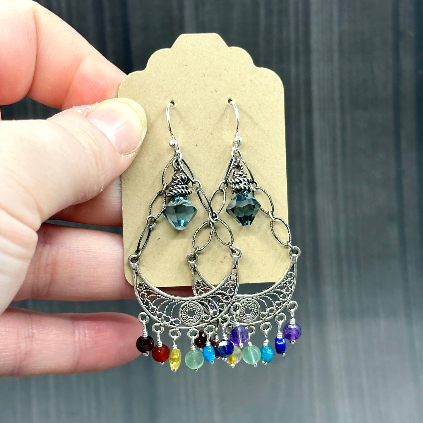 Ornate Rainbow Gems and Sterling Silver Chandelier Earrings