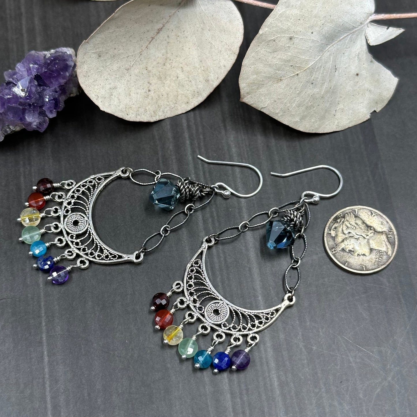 Ornate Rainbow Gems and Sterling Silver Chandelier Earrings