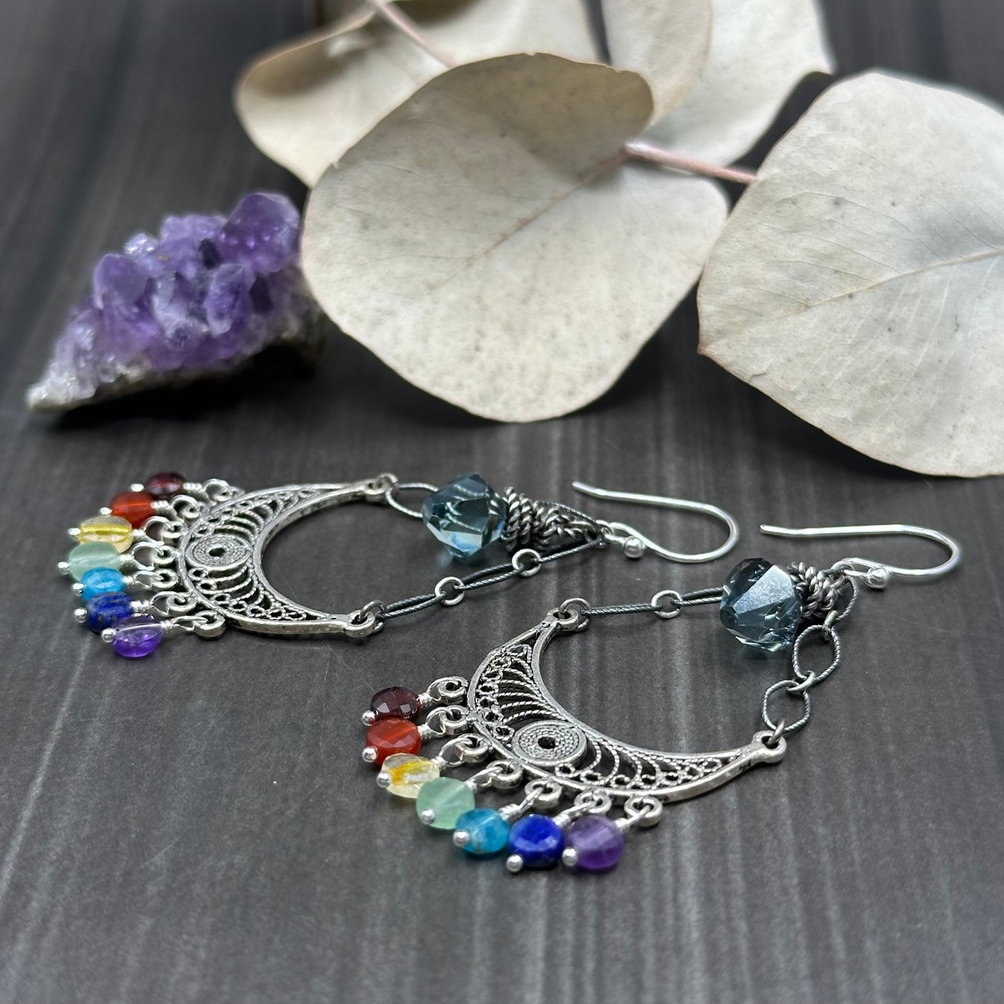 Ornate Rainbow Gems and Sterling Silver Chandelier Earrings