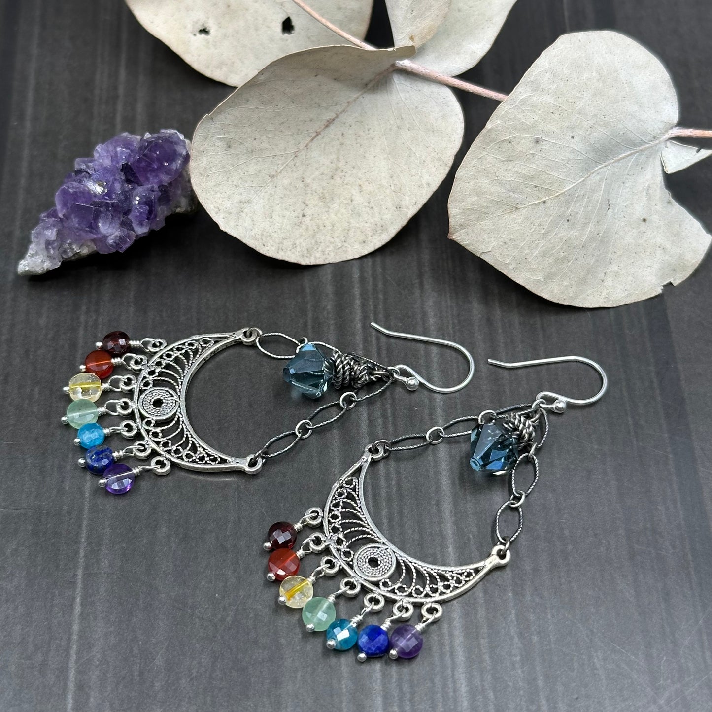 Ornate Rainbow Gems and Sterling Silver Chandelier Earrings