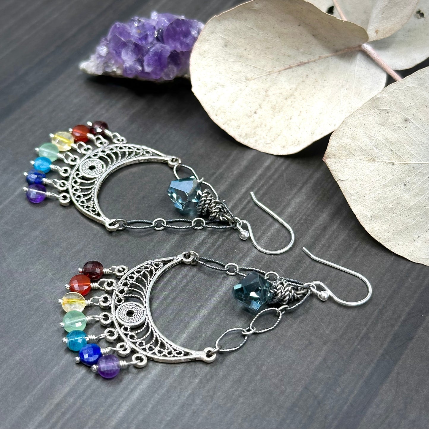 Ornate Rainbow Gems and Sterling Silver Chandelier Earrings