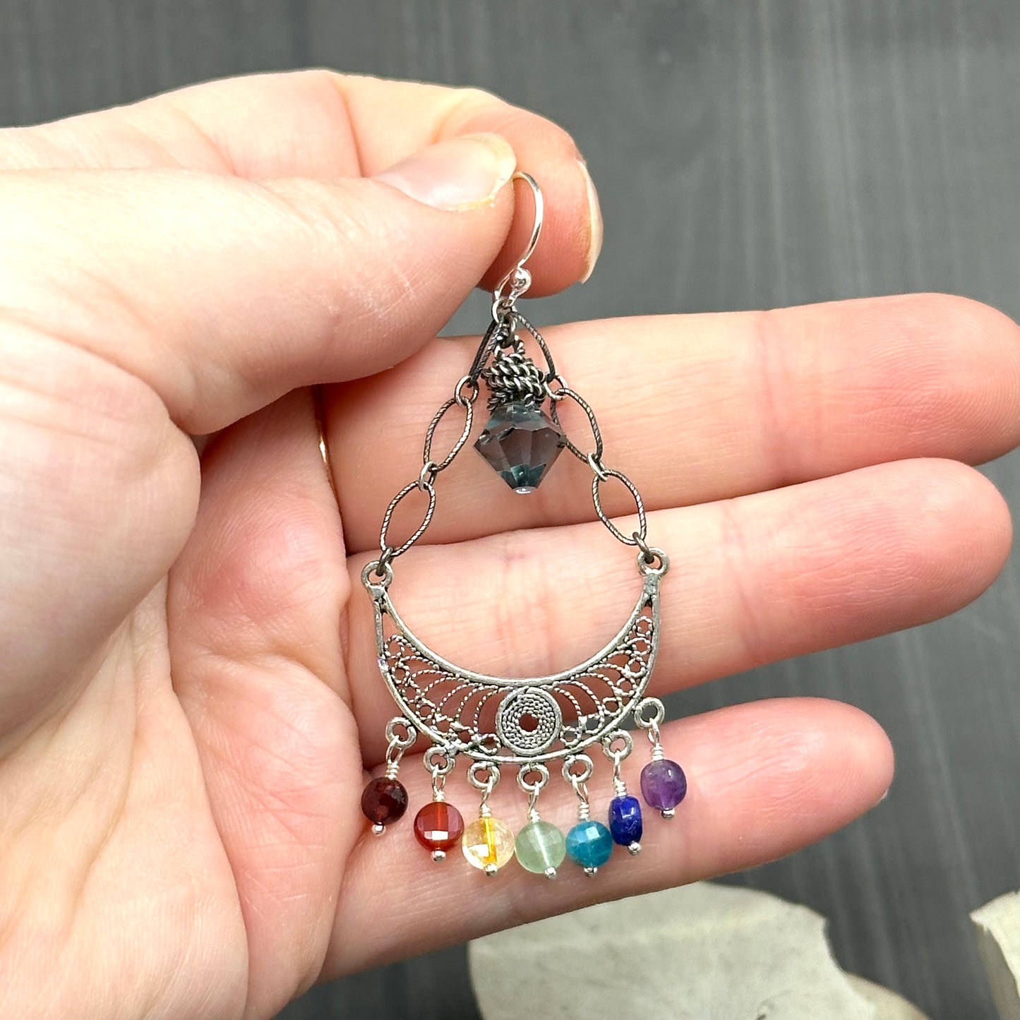 Ornate Rainbow Gems and Sterling Silver Chandelier Earrings