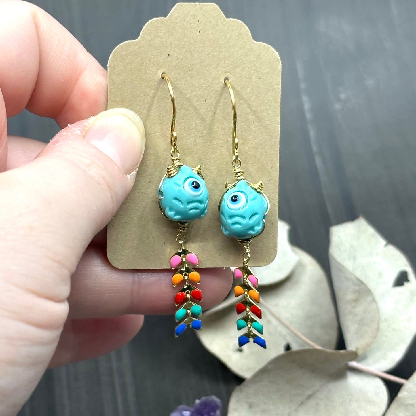 Rainbow Kite and Turquoise Creature Brass Earrings