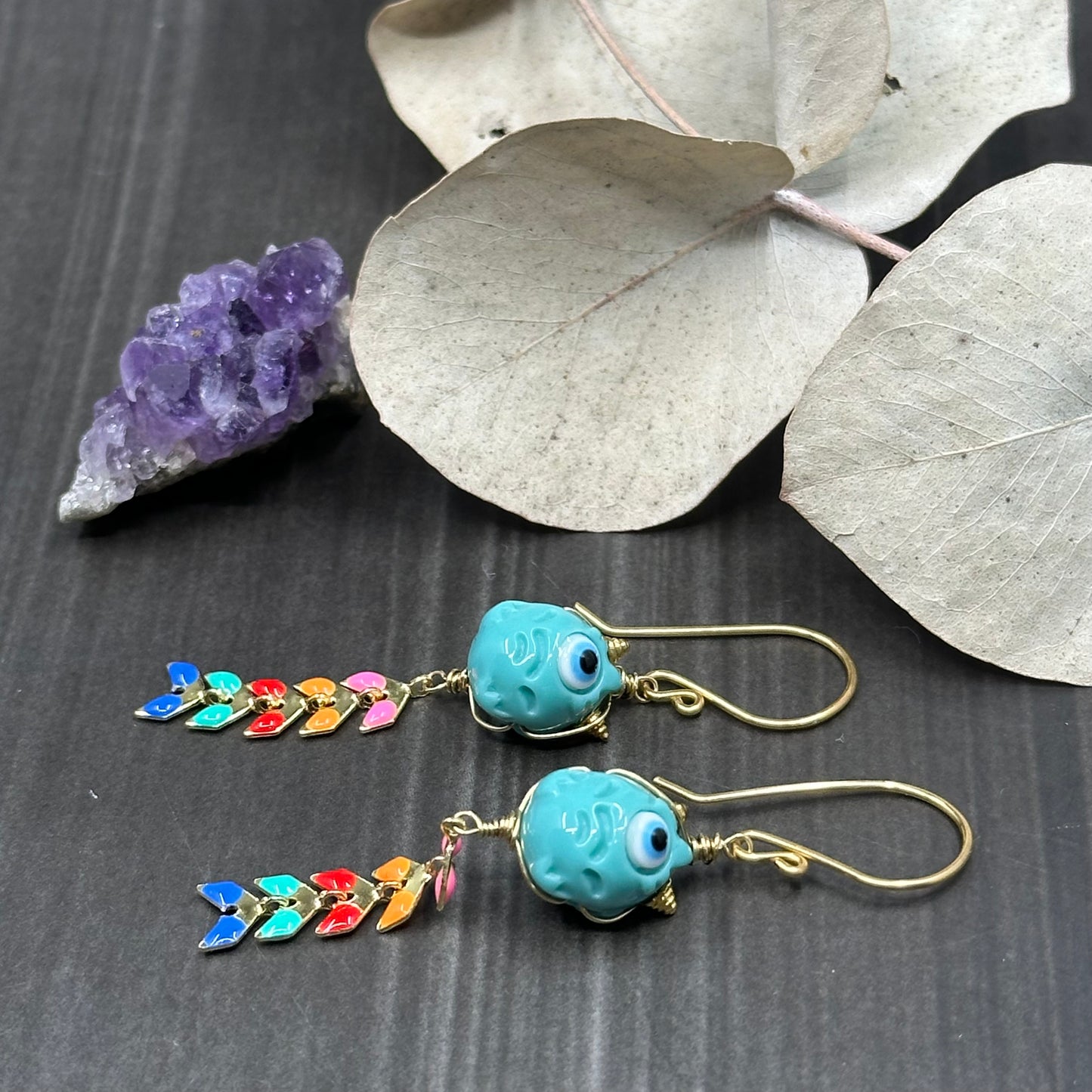 Rainbow Kite and Turquoise Creature Brass Earrings