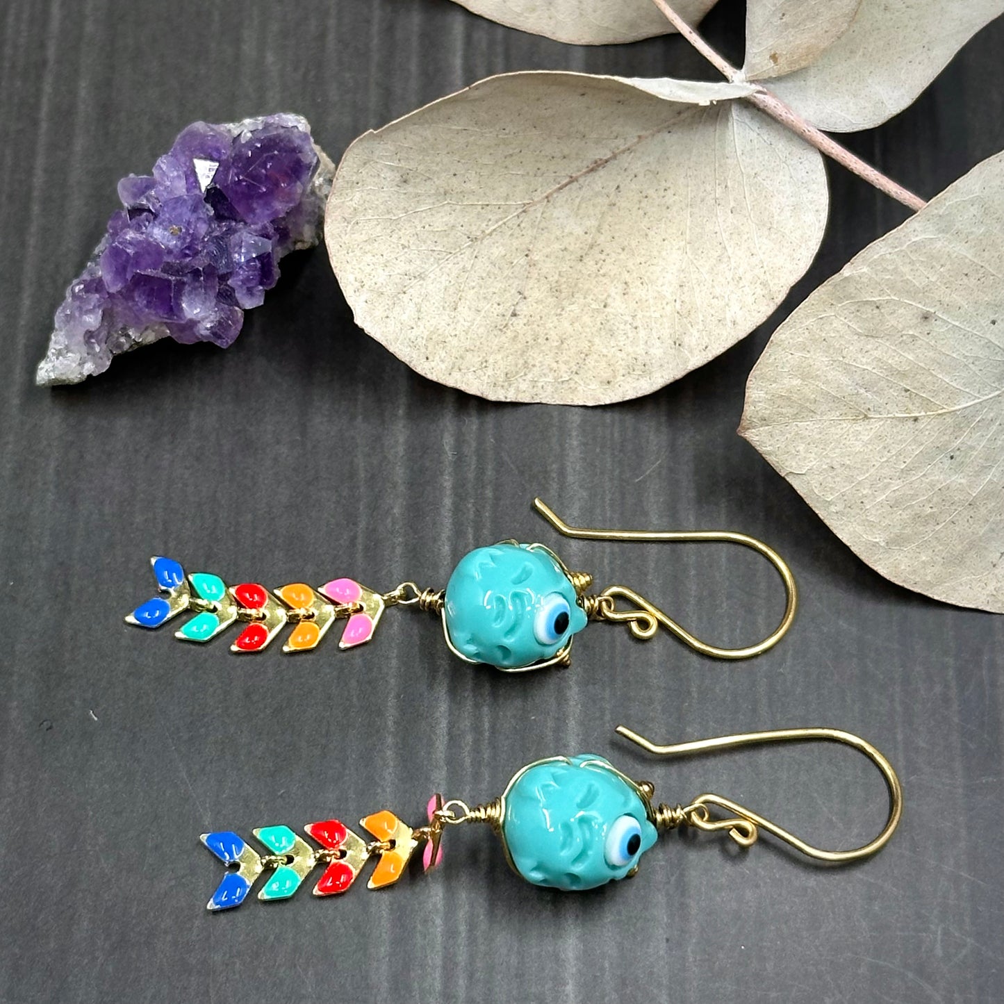 Rainbow Kite and Turquoise Creature Brass Earrings