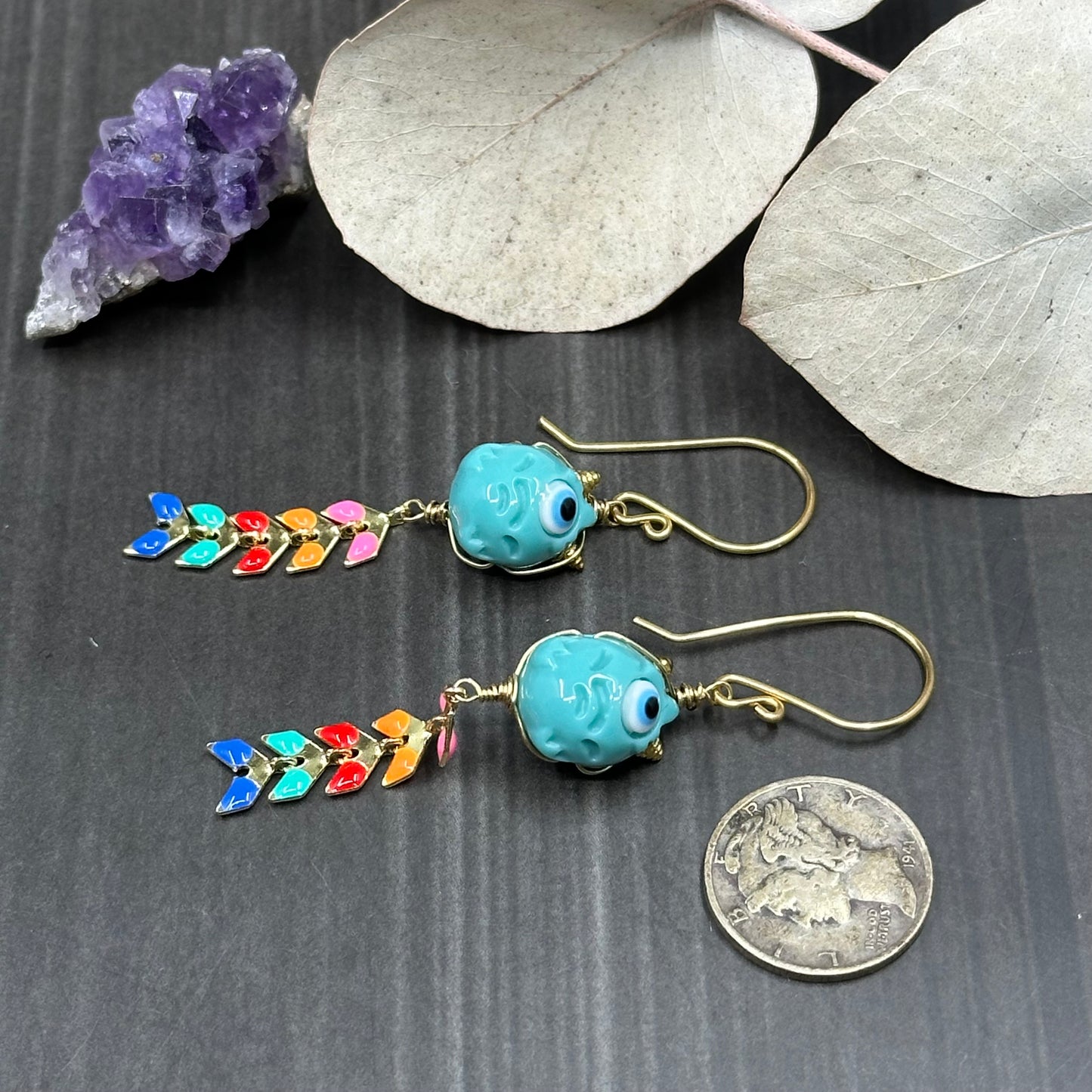 Rainbow Kite and Turquoise Creature Brass Earrings