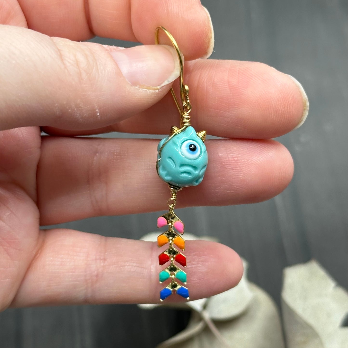 Rainbow Kite and Turquoise Creature Brass Earrings