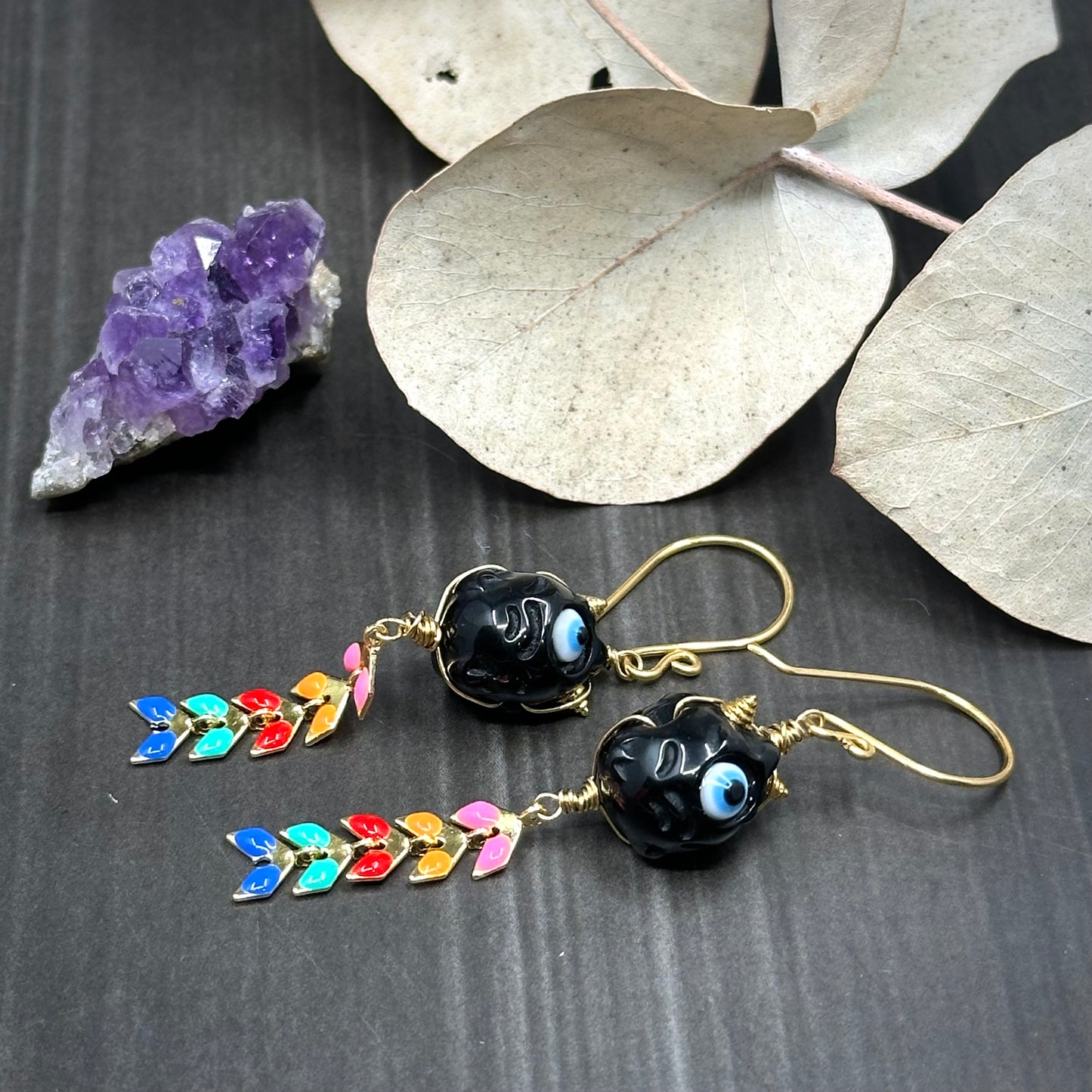 Rainbow Kite and Black Creature Brass Earrings