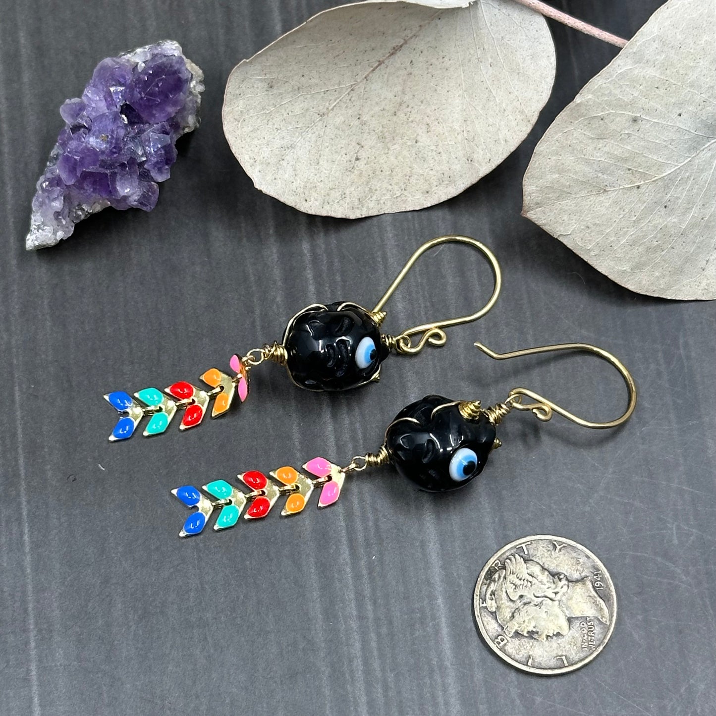 Rainbow Kite and Black Creature Brass Earrings