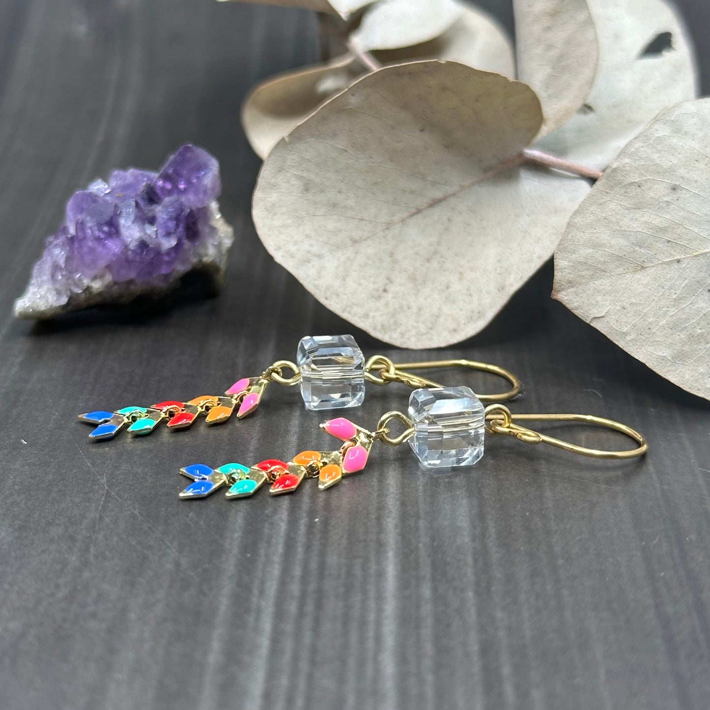 Rainbow Kite Earrings in Brass with Glass