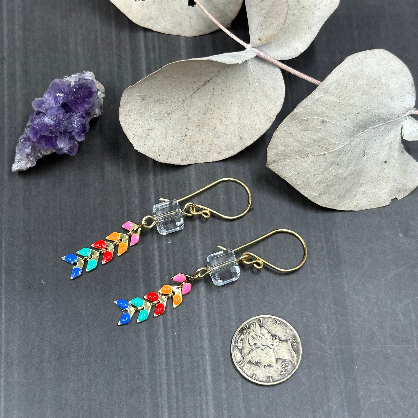 Rainbow Kite Earrings in Brass with Glass