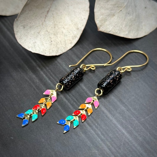 Vintage Black Glass and Brass Enamel Kite Earrings