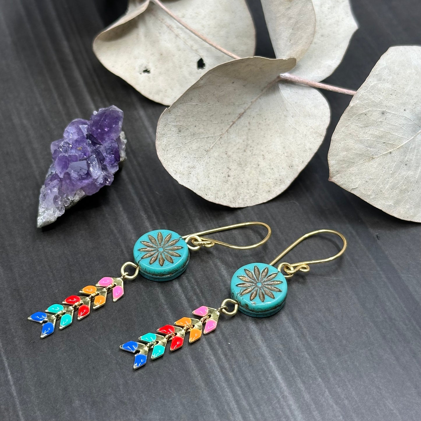 Floral Czech Glass and Brass Kite Earrings