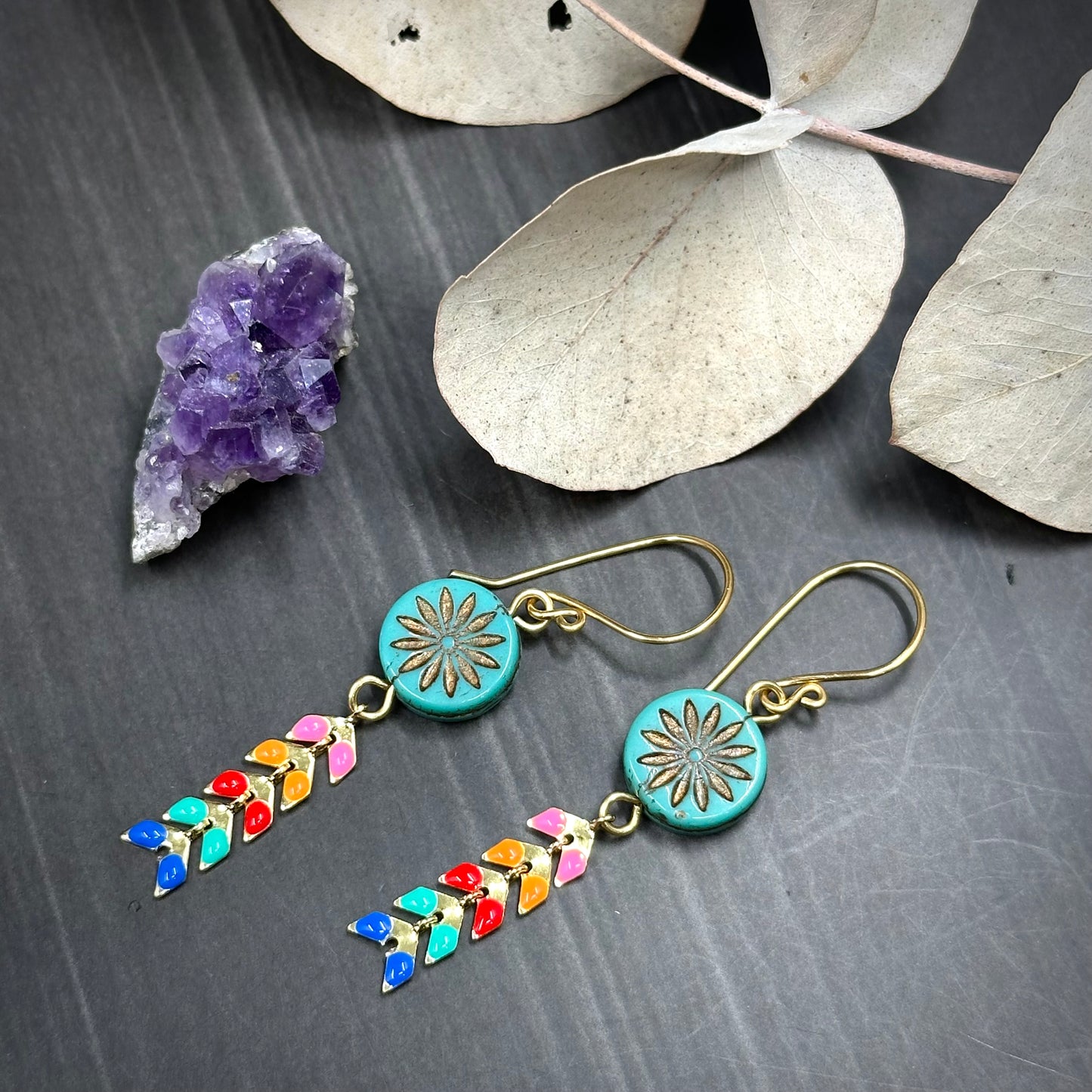 Floral Czech Glass and Brass Kite Earrings