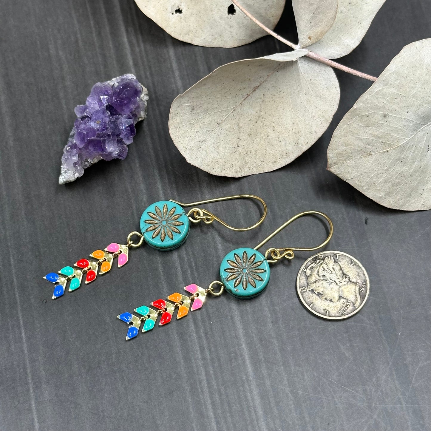 Floral Czech Glass and Brass Kite Earrings