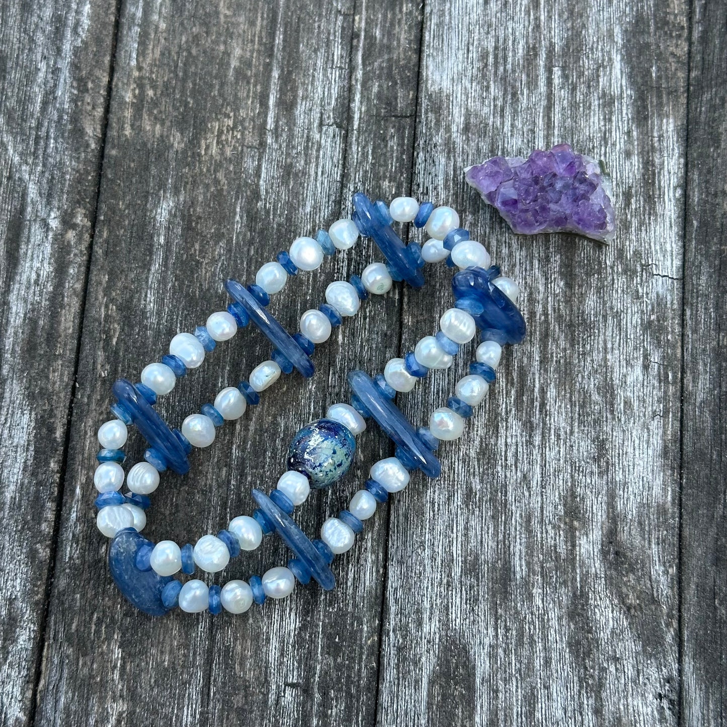 Kyanite, Freshwater Pearl, and Artisan Glass Stretch Bracelet