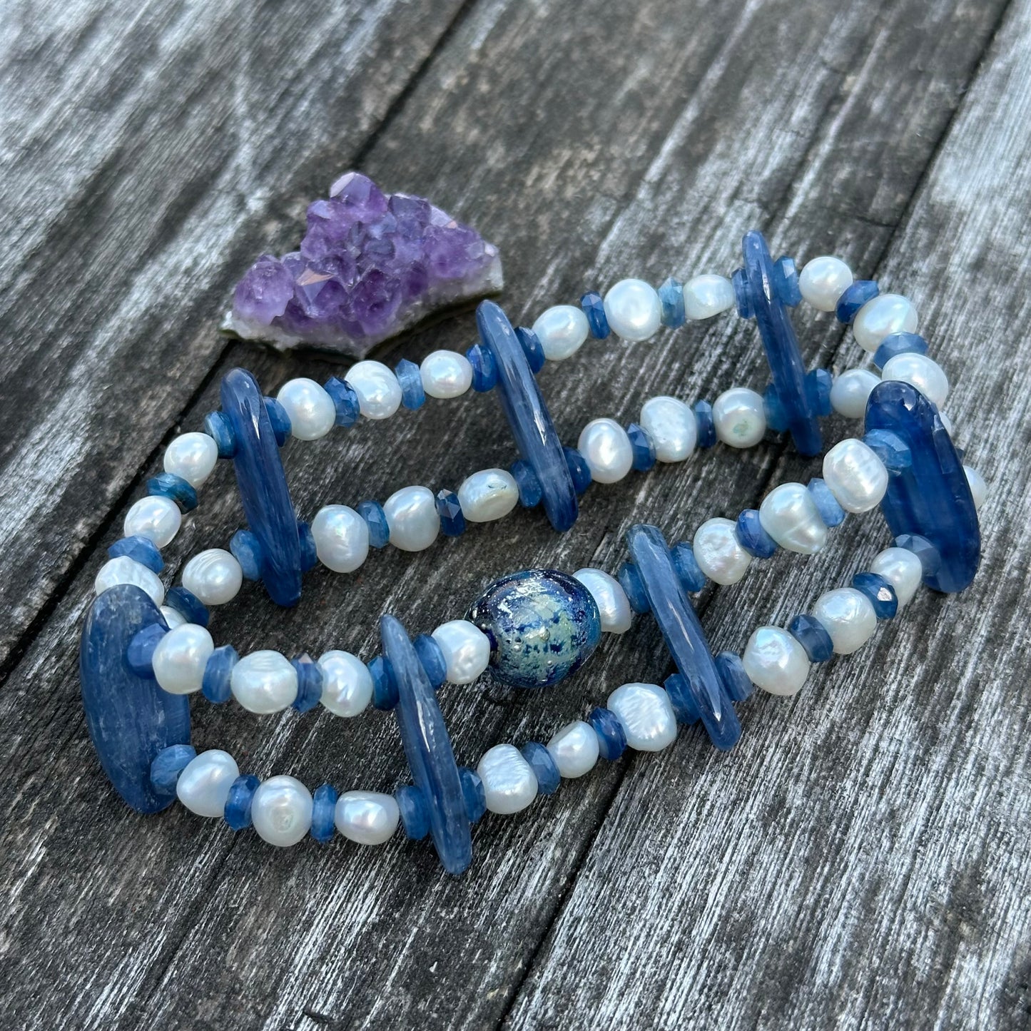 Kyanite, Freshwater Pearl, and Artisan Glass Stretch Bracelet