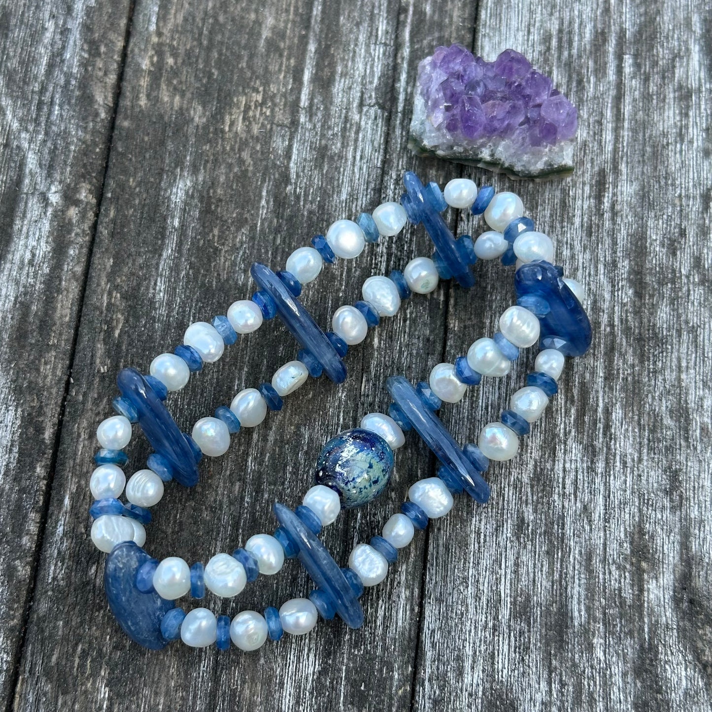 Kyanite, Freshwater Pearl, and Artisan Glass Stretch Bracelet