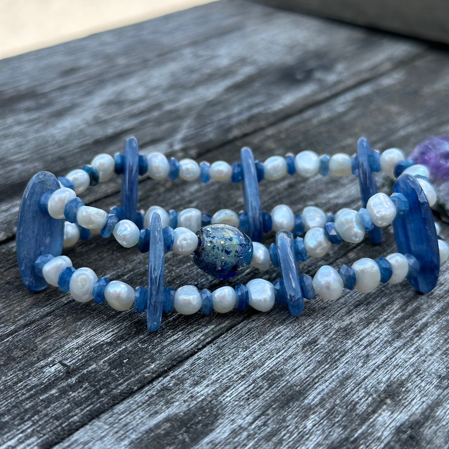 Kyanite, Freshwater Pearl, and Artisan Glass Stretch Bracelet