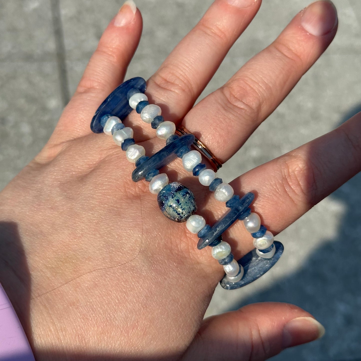 Kyanite, Freshwater Pearl, and Artisan Glass Stretch Bracelet