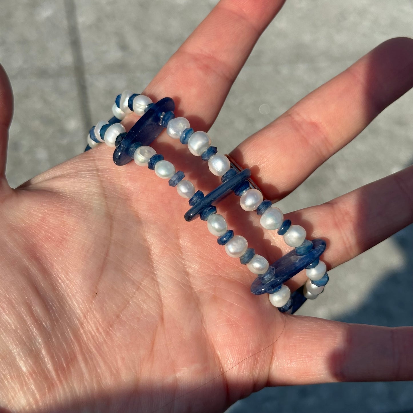 Kyanite, Freshwater Pearl, and Artisan Glass Stretch Bracelet