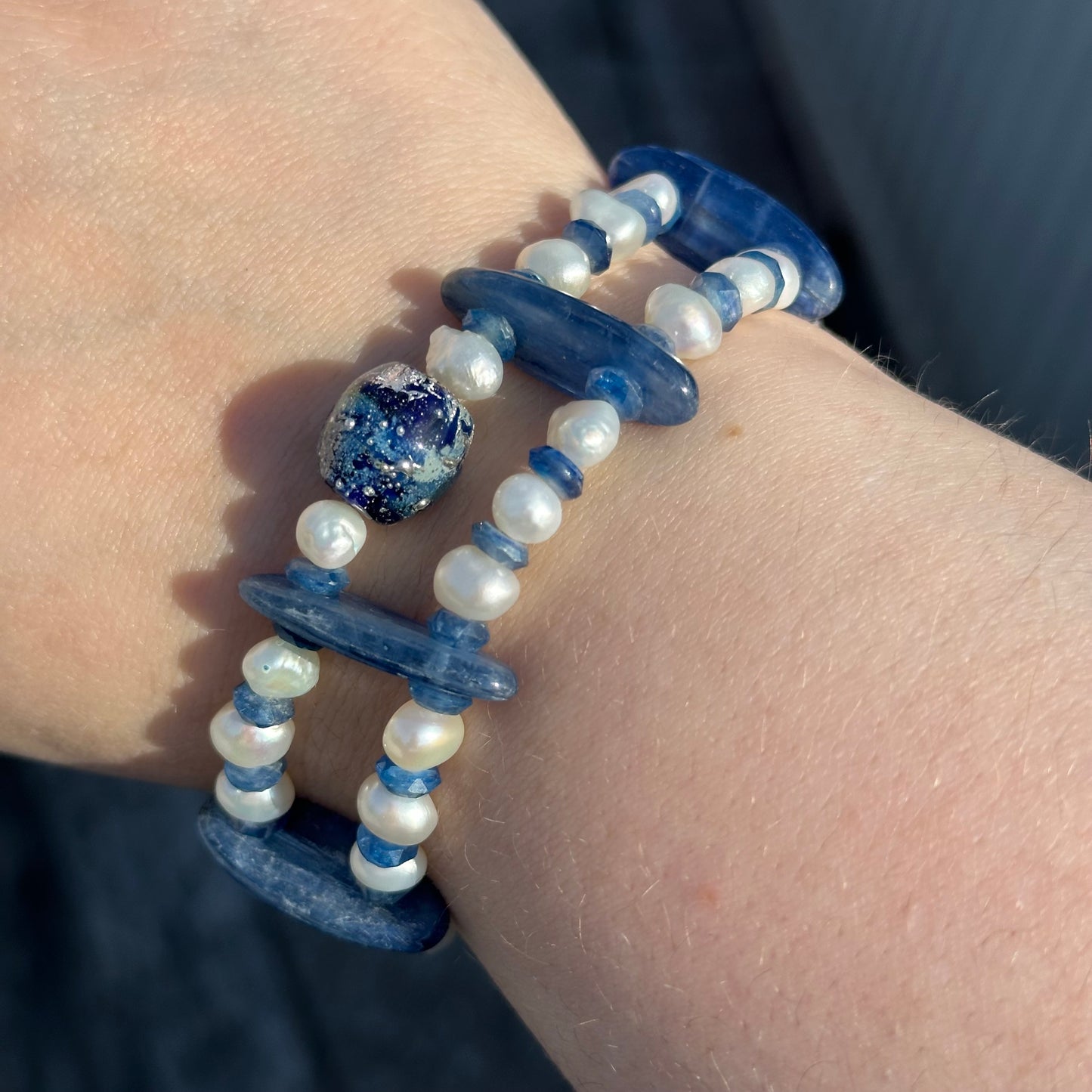 Kyanite, Freshwater Pearl, and Artisan Glass Stretch Bracelet