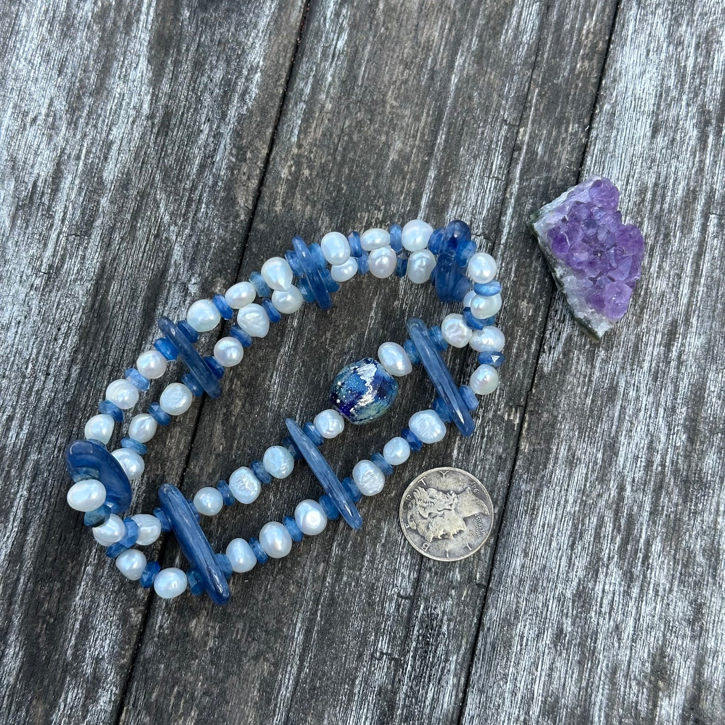 Kyanite, Freshwater Pearl, and Artisan Glass Stretch Bracelet