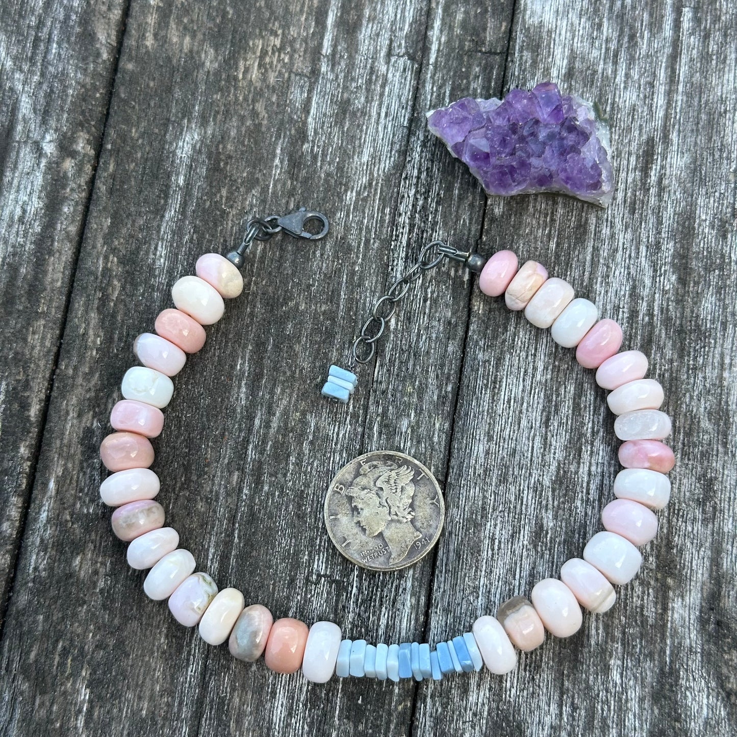 Pink and Blue opal bracelet in sterling silver