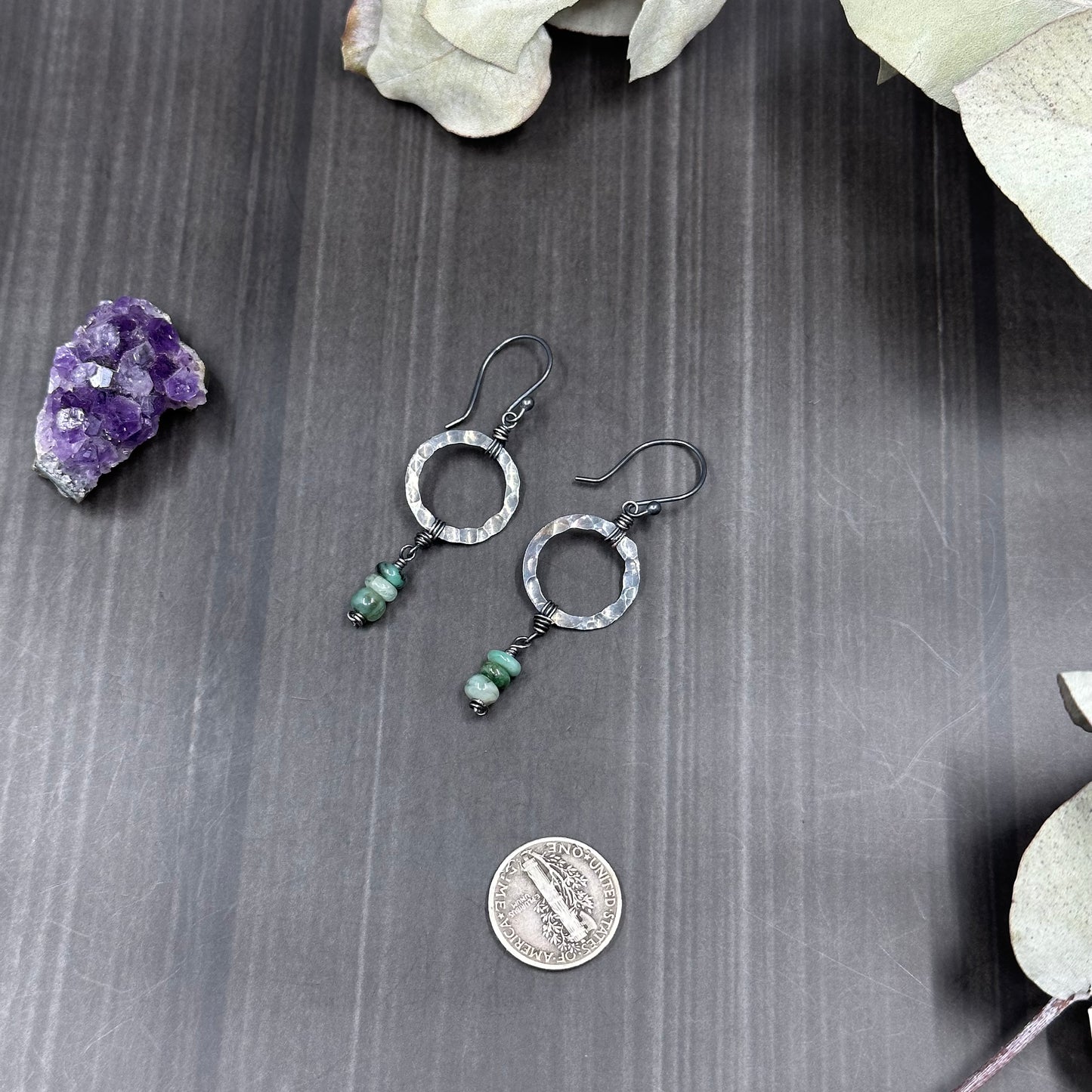 Sterling Silver and Emerald Hoop Earrings