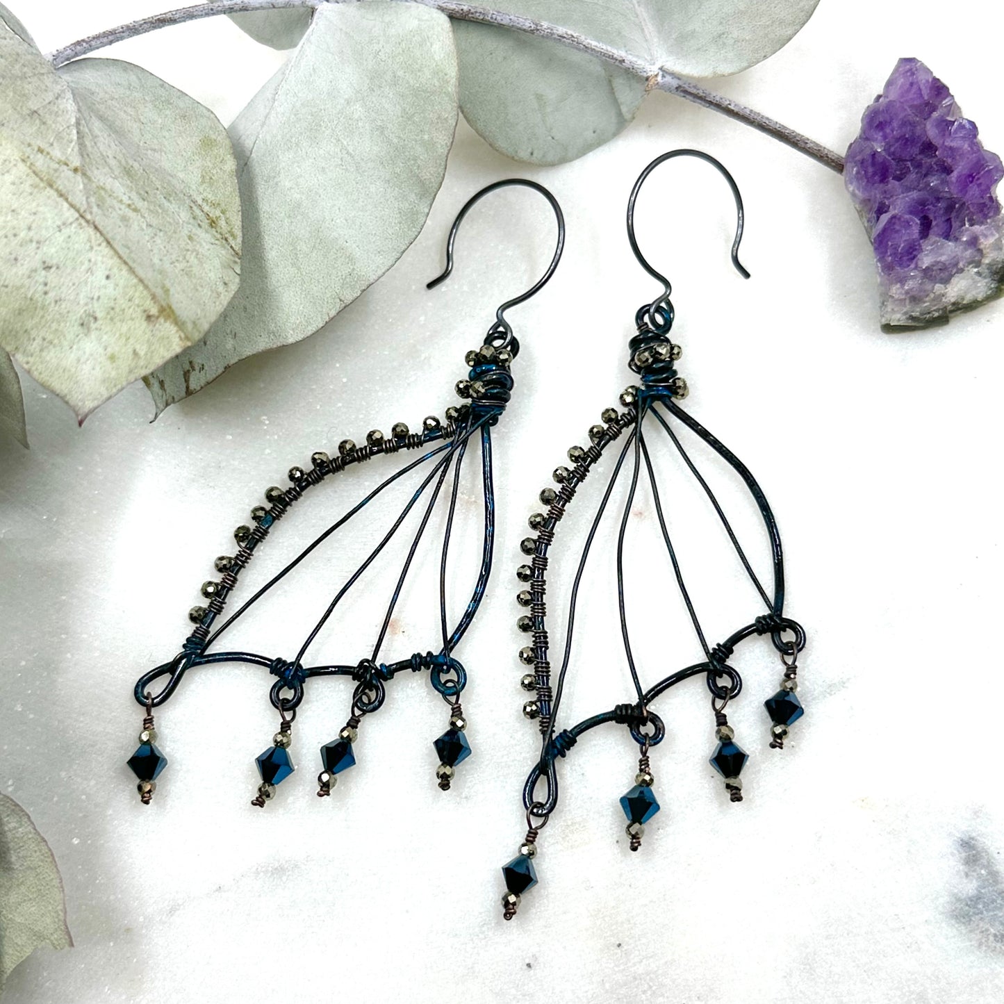 Patina Dragon Wing Earrings with Pyrite and Crystals