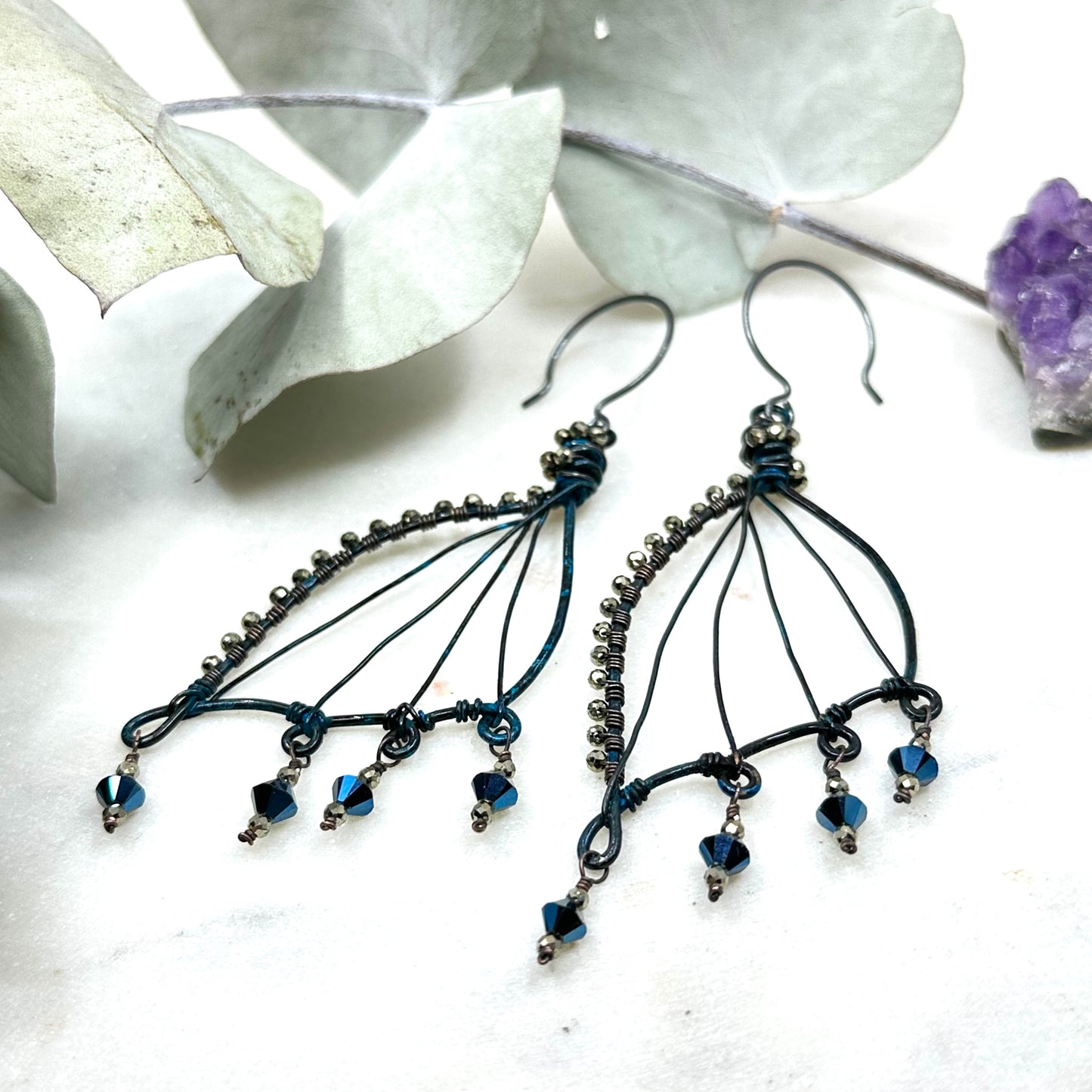 Patina Dragon Wing Earrings with Pyrite and Crystals