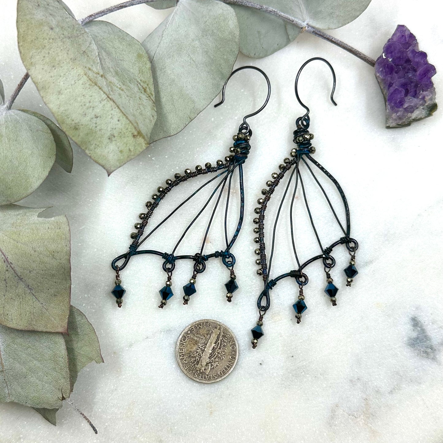 Patina Dragon Wing Earrings with Pyrite and Crystals