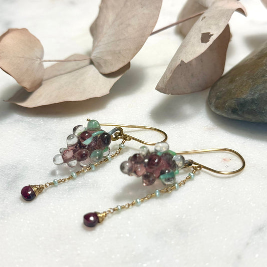 Glass Grape Earrings with Brass, Garnet, and Freshwater Pearls